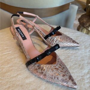 Beautiful Rochas Metallic Pink Floral Heels with Black Patent Bow